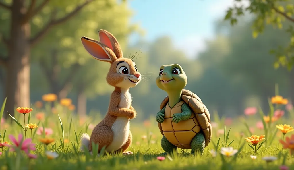 
"A cheerful hare and a calm tortoise standing side by side in a sunny meadow, surrounded by green grass and colorful flowers. They are best friends, smiling at each other, with a peaceful forest in the background 3D animation and Disney Pixar 