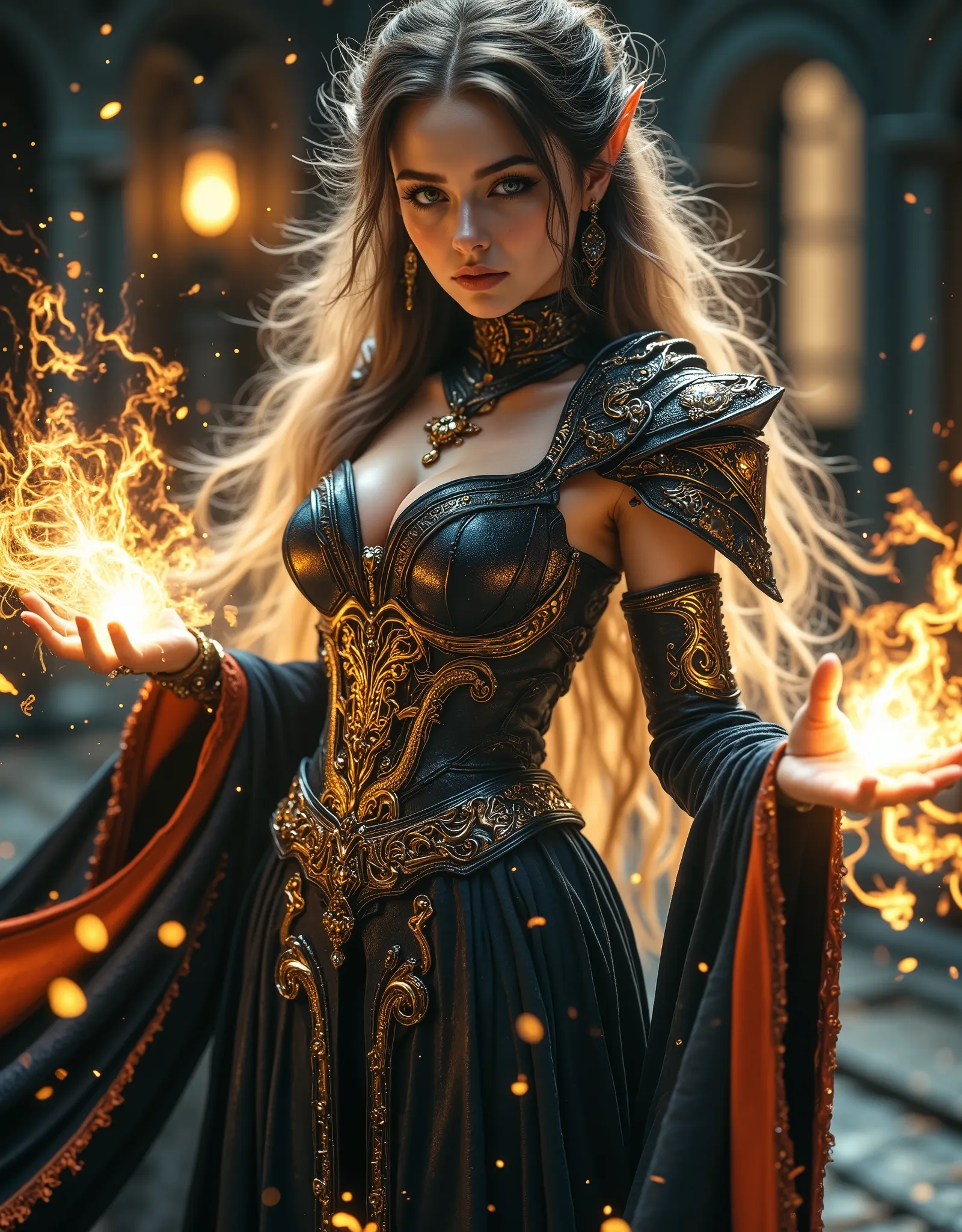 A pretty female elf mage staring at camera, very magical, perfect skin tone colour with intricate patterned detailed embroidered dark cape, very detailed, HD, ultra realistic, natural large breast, many jewellery, rings, armour pads, weapons, belt straps, ...