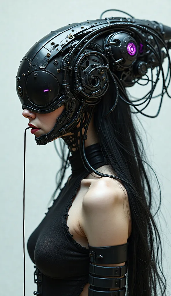 "A cyberpunk-inspired female character wearing a biomechanical black headpiece that covers most of her head, resembling an alien or futuristic insectoid helmet wrapped black fabric. The headpiece has intricate organic details, cables, and tendrils extendin...