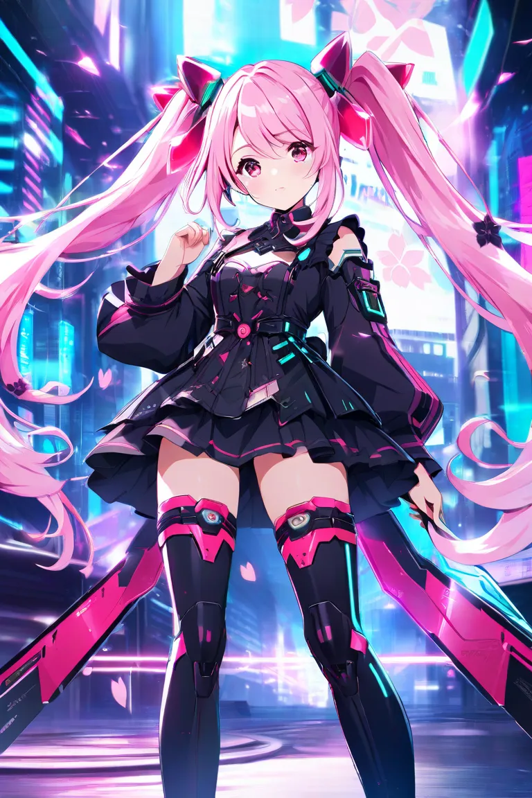 One Girl, Cherry Blossom Hair, Twin Tails, Cherry Eyes, Pink and White, Lolita Fashion, Modern Style, Cyberpunk, Healing Power