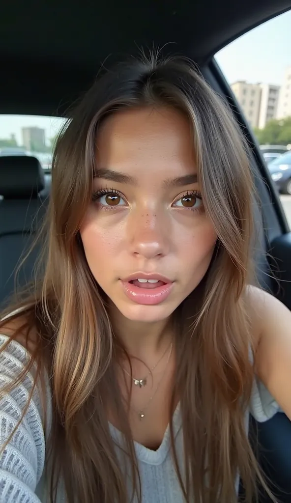 hyper-realistic, ultra-detailed **selfie portrait** of a young woman with long, straight brown hair, light skin, and natural facial texture, sitting in the front seat of a modern car. She has a slightly surprised expression, with his eyes wide open and his...