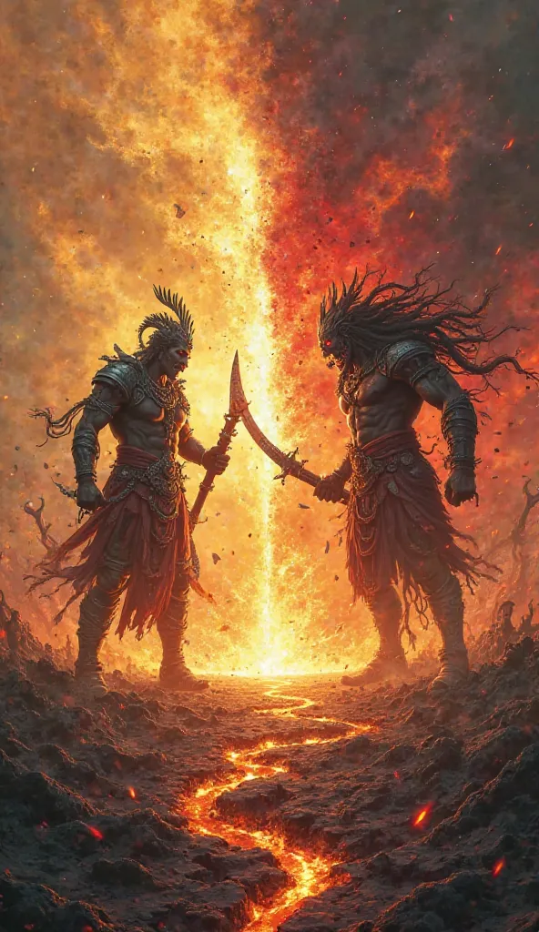 "An intense face-off between Mahakal and Kalsur on a shattered battlefield. Mahakal stands in his terrifying divine form, gripping his blazing Trishul, his eyes radiating unstoppable wrath. Opposite him, Kalsur, the monstrous warlord, towers with his curse...