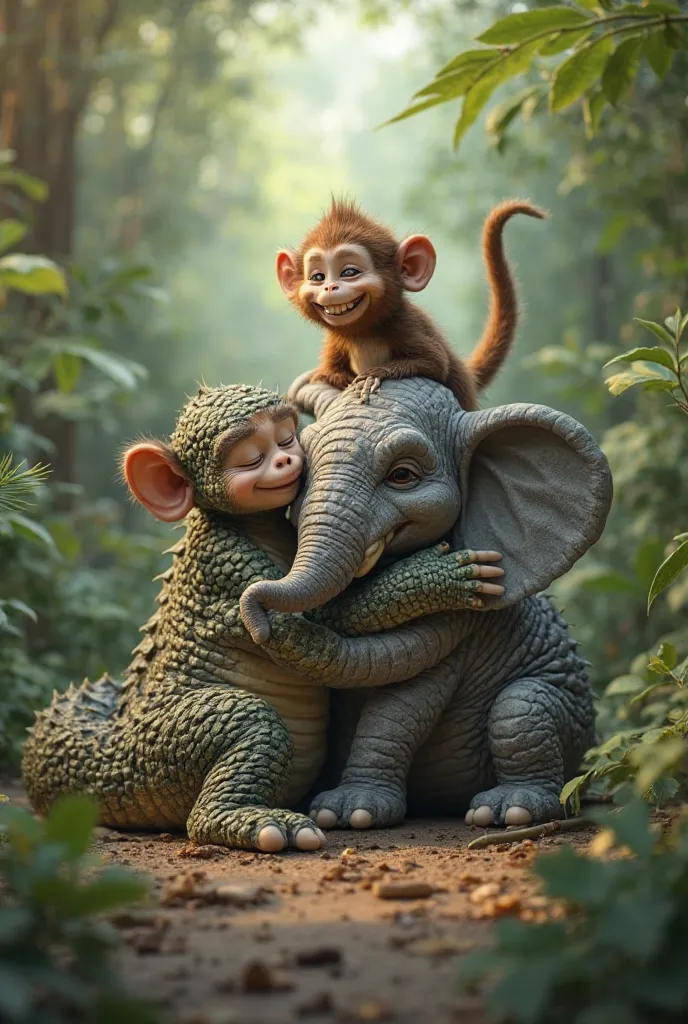 Make monkey poop and look crocodile amd elephant cuddle