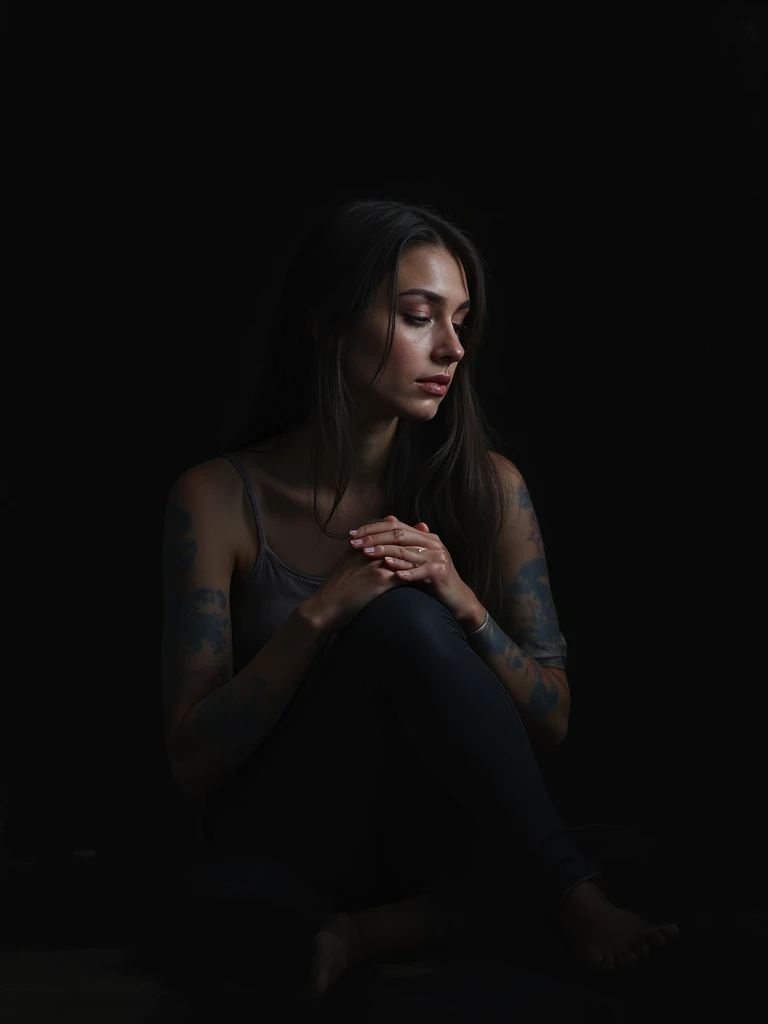 A women sitting down, black background with shadow