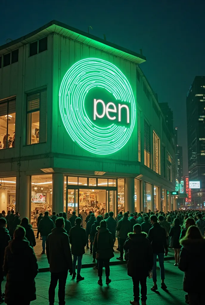 hundreds of thousands of people in line pulled up to the building with the inscription CPen, modern style building, front with green neon CPen lettering, surrounded by the letter cpen is a circle of white neon lights