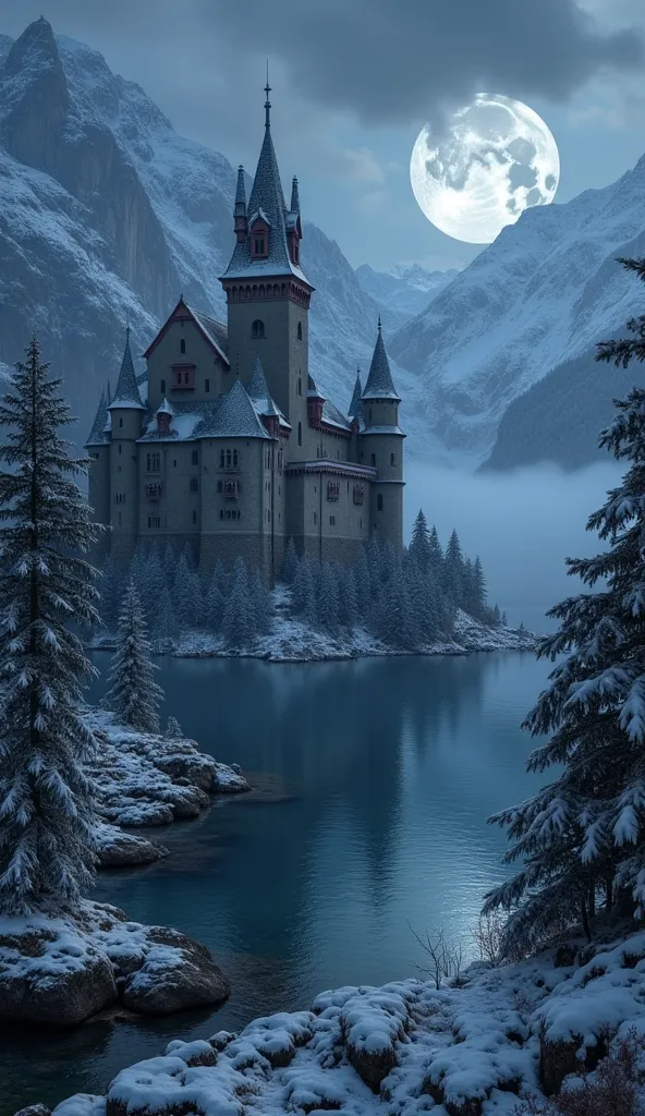 super realistic, photorealistic,  dramatic scene , shadow,   old European castle  , amazing view of snow-capped mountains and a beautiful lake with a castle, fantastic atmosphere, fog, at night, moon and milky way