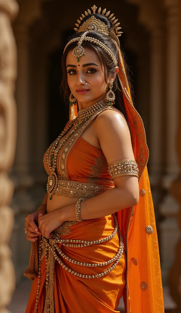 /imagine prompt: a beautiful indian woman,elegant hindu mythology attire,graceful pose,intricate jewelry,delicate features,piercing gaze,ornate headdress,flowing fabric,ancient temple backdrop,dramatic lighting,digital painting,photorealistic,8K,masterpiec...