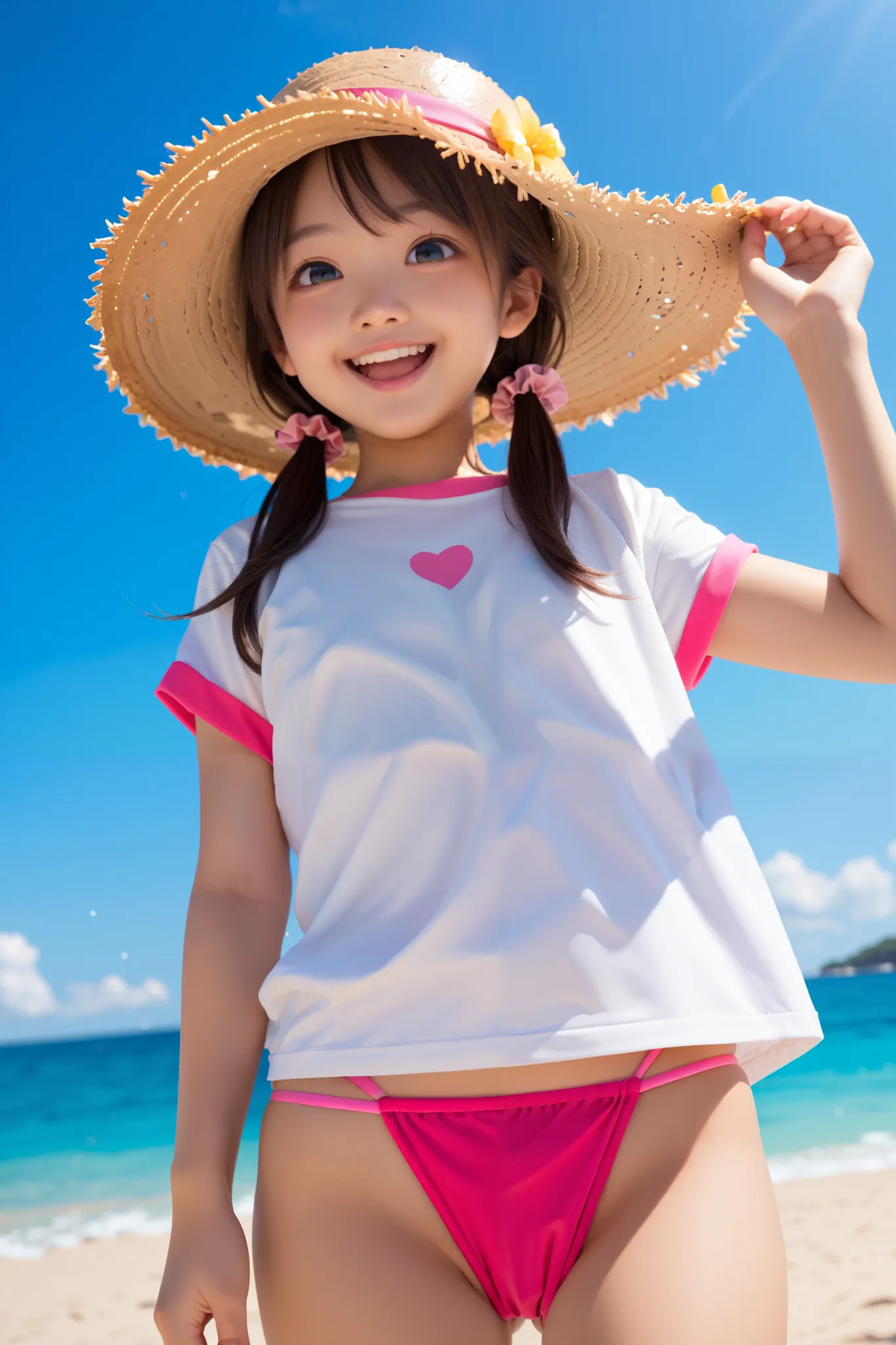 a Japanese young girl, Japanese idol face, cute girl. solo, black eyes, 
standing, smile, open mouth
beach, sand, from front, low angle, 
BREAK, flat tits, (brown hair:1.3), (low twintails:1.2), hair scrunchie, long hair, straw hat
white t-shirt, loose clo...