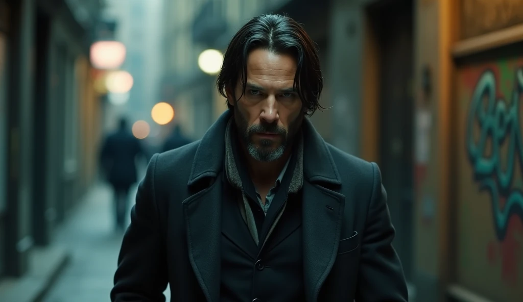 A cinematic scene set in an urban alleyway with an atmospheric, gritty vibe. A man, resembling the character of John Wick, is walking down the street, looking serious and determined. He has short, slightly tousled hair and a rugged beard. He wears a stylis...