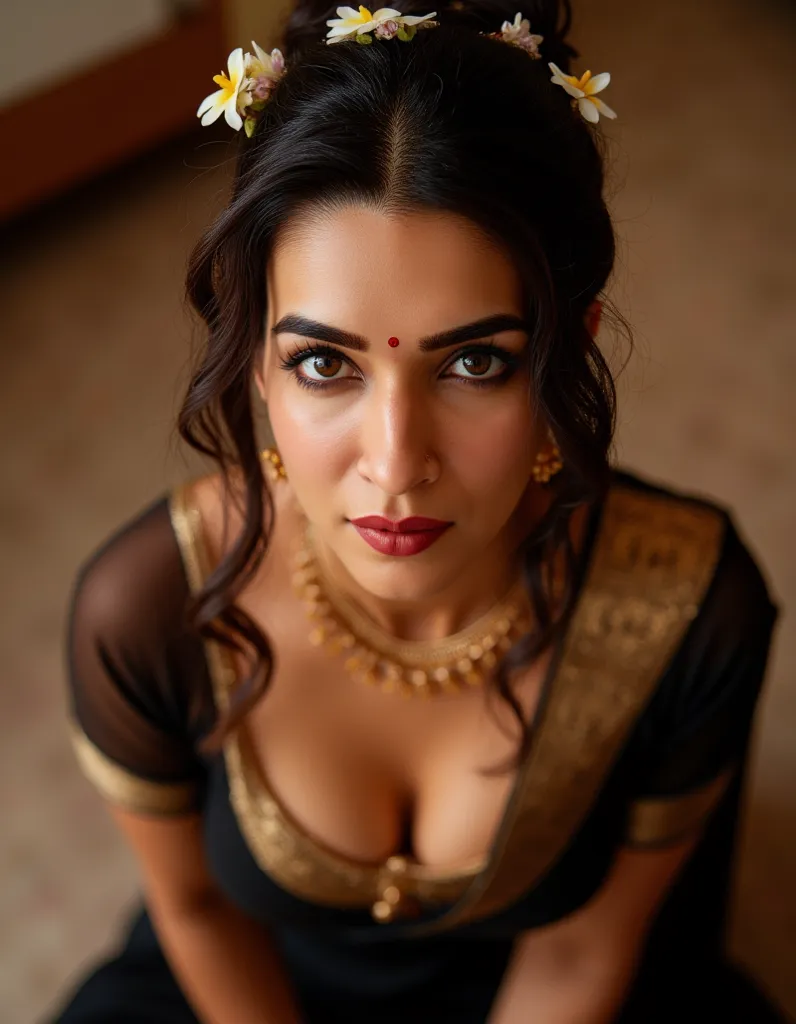 Pov camera view, Indian milf on her knees, looking at camera, with lust in her eyes, black hair tied around, flowers in head,sandal mark on forehead, sindhur on forehead (vermilion mark on forehead in the middle of hair partition,black saree , dark red lip...