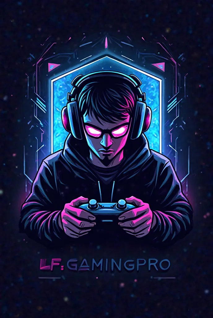 Believe me make me a mascot logo where the mascot is an image must show a gamer character with headphones and control in hand, with a futuristic aesthetic and striking colors (blue, violet and black). The background can have neon effects or technological c...