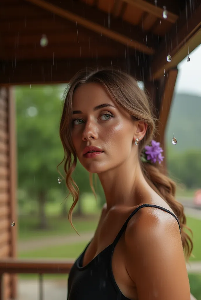 Stunning woman named @nn@kr1ck@!@, standind under a porch in Utah, looking at raindrops dripping from the roof