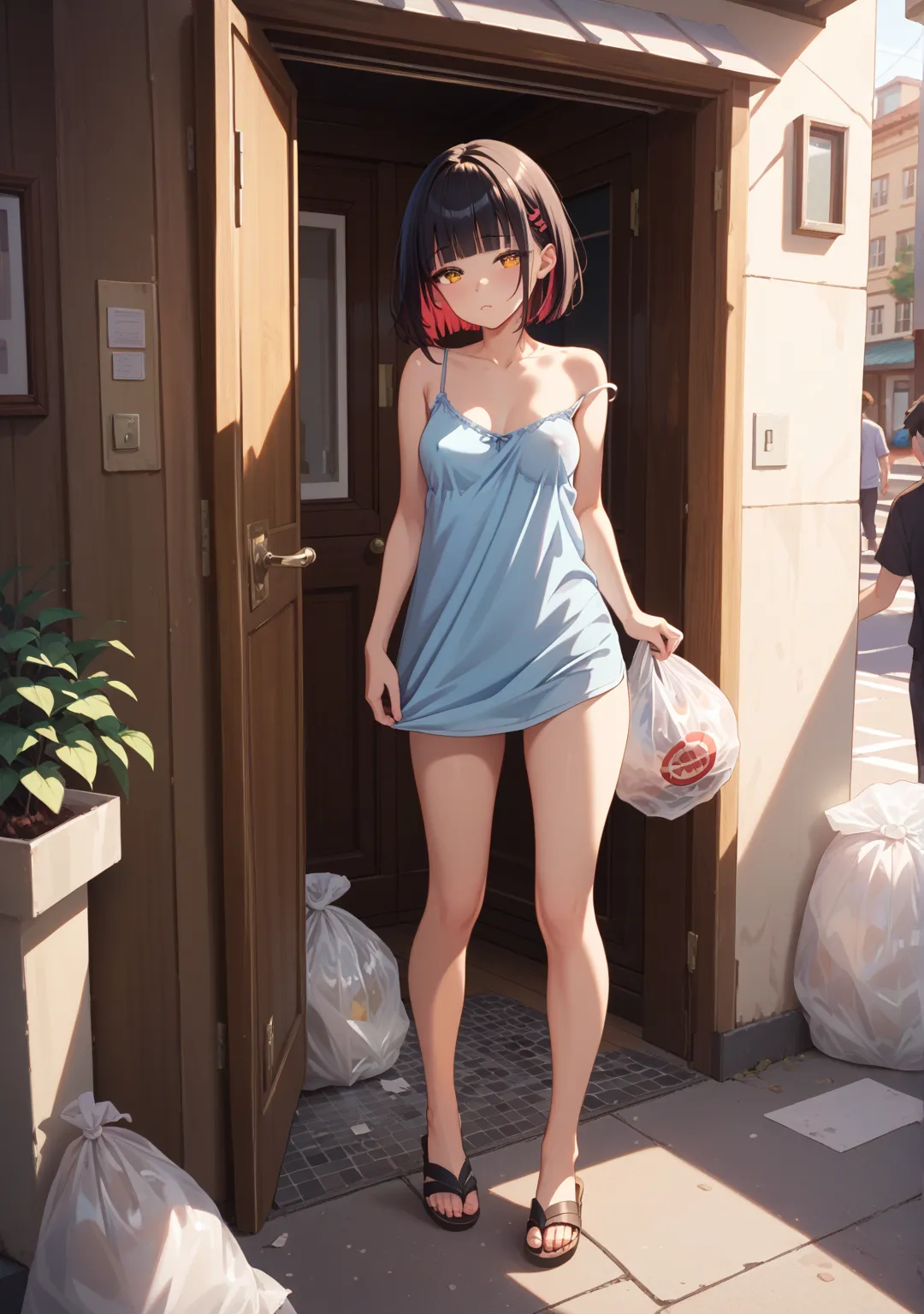 nsfw,girl,glamorous,straight hair,black hair, red inner hair,brown eyes,One breast is coming out,One nipple is coming out,open the door,entrance,outdoor,short hair,Bedhead,sleepy,crowd,morning,full body, sandals on the skin,camisole,blunt bangs,bed head,Tr...