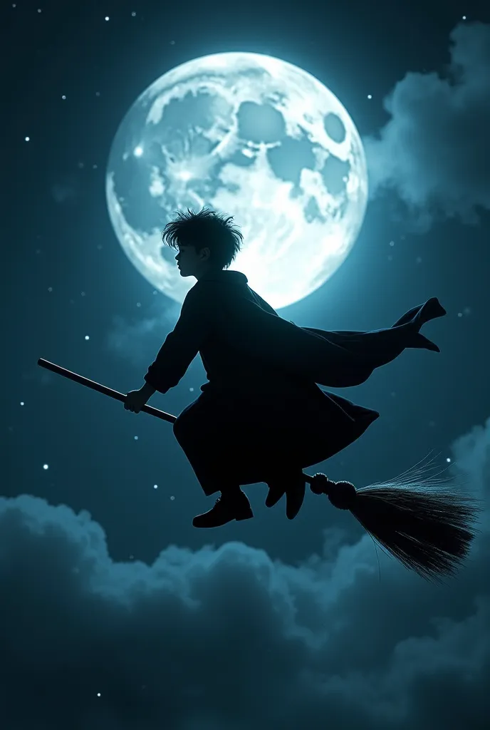 Harry Potter worldview，Harry Potter rides a magic broom in the night sky，There is a big moon in the background， high detail