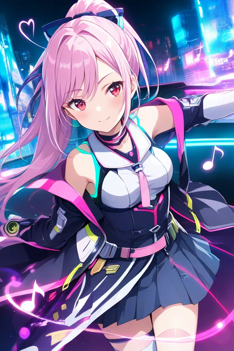 One Girl Pink Long-Haired Ponytail。red eyes。modern innocent smile cyberpunk costume wearing a pleated skirt musical notes