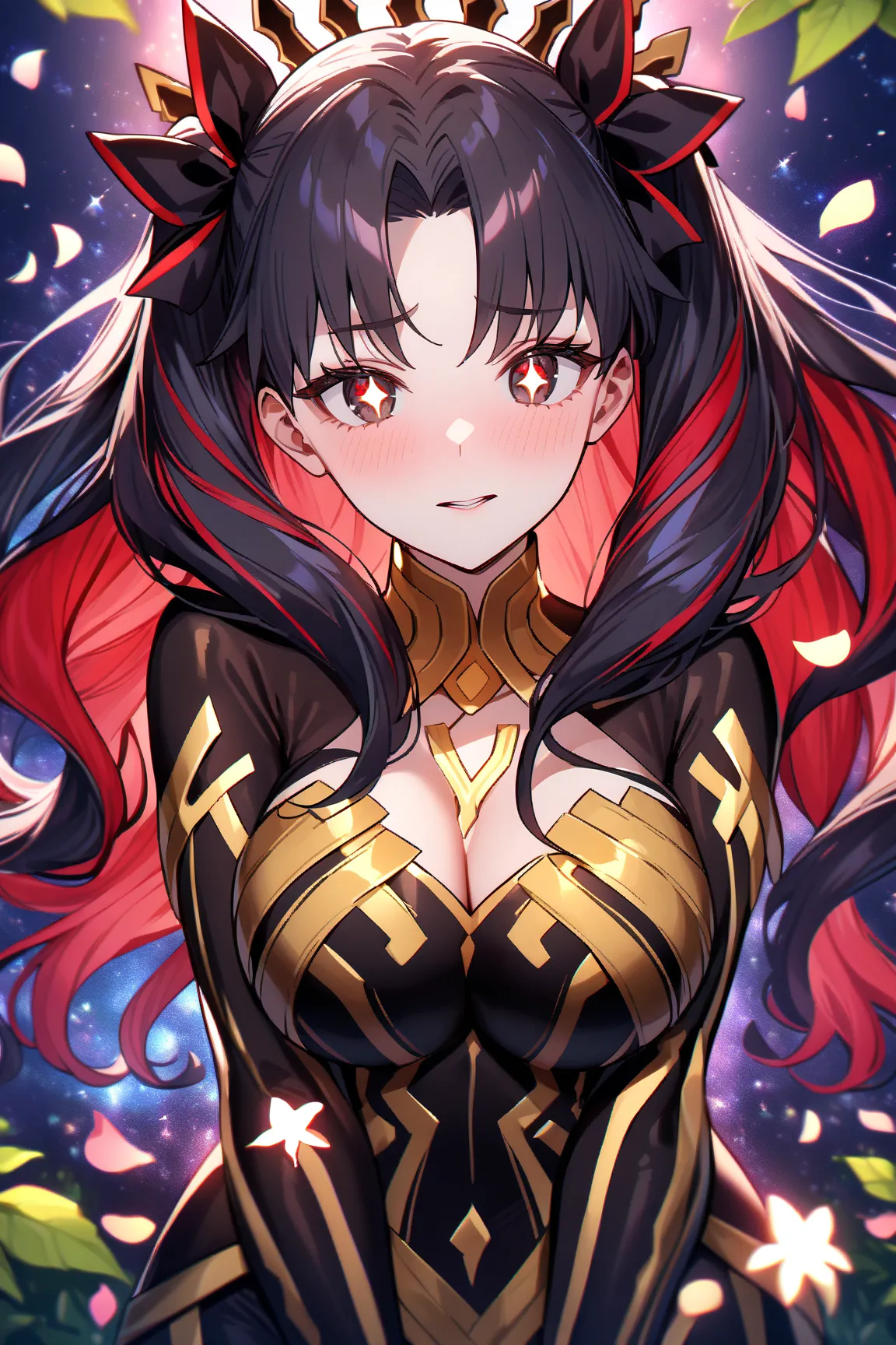   is ridiculous,  high res,  super precise,  high res,   Masterpiece,  Space Ishtar , Expressive Black eyes, woman,  best quality, Fate/Grand Order, alone,  very beautiful,  petals,, detailed face, Sparkling Eyes,   fine eyes , garden, Green leaves, Black ...