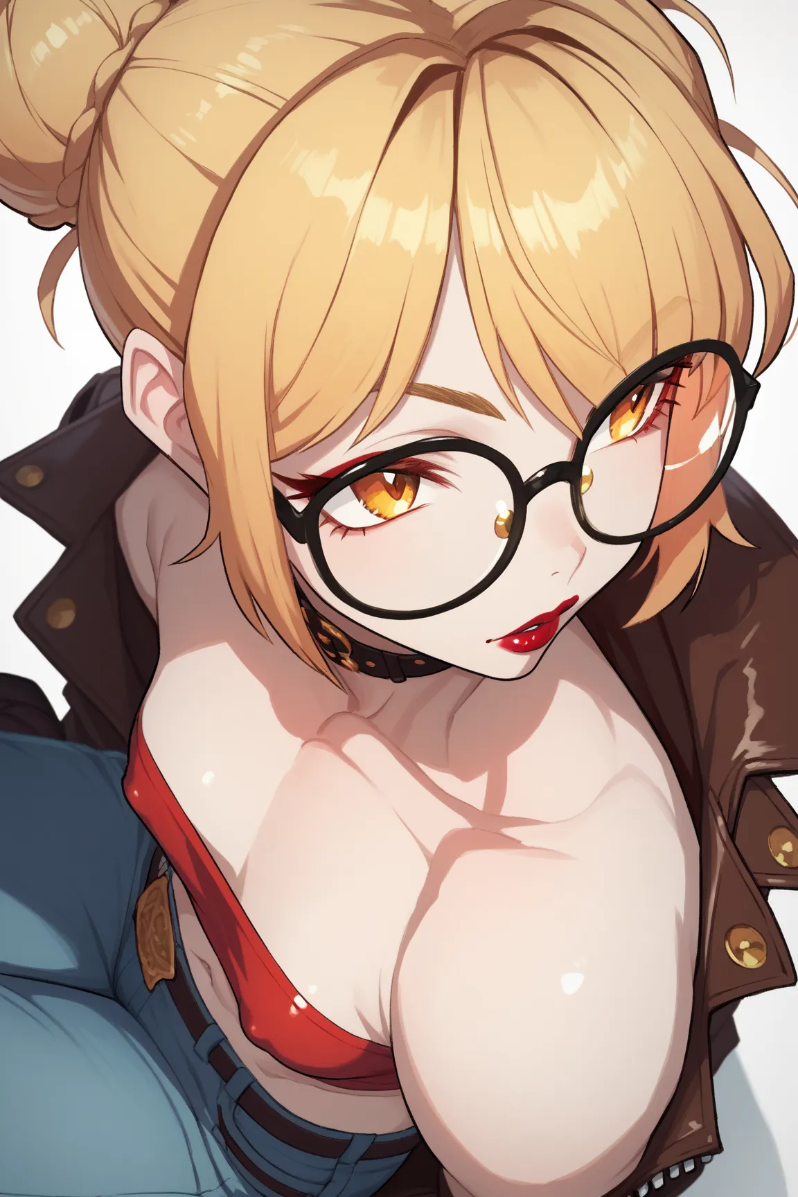 score_9, score_8_up, score_7_up, lhata4564, 1 girl, dark blonde hair in a bun, round eyeglasses, glistening golden eyes, perfect anatomy, pale white skin, red lipstick, parted lips, crop leather jacket, tube top, flat breasts, covered nipples, baggy jeans,...