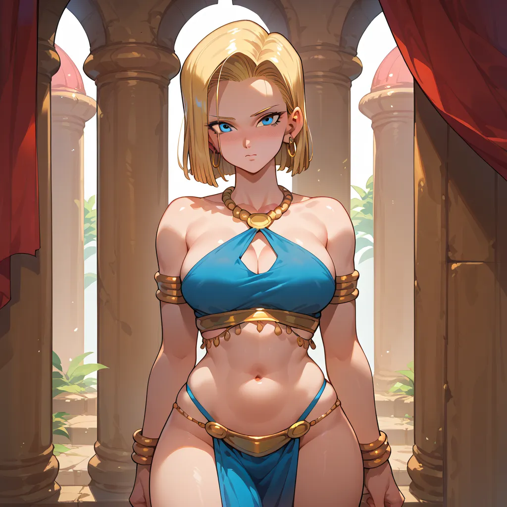  Android 18, blond hair, blue eyes, eyelash, hoop earrings, short hair    , large breasts, wide-hipped, thick thighs, Pink Belly Dancer costume, corou, shy, standing, looking at the spectator, simple bottom, from front view