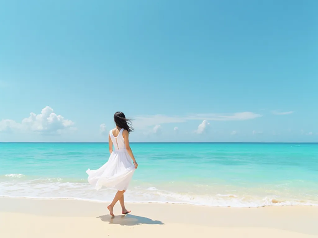 A refreshing woman　Japanese　white sands　white dress　walking barefoot on a sandy beach　clear sea blue　clear sky blue