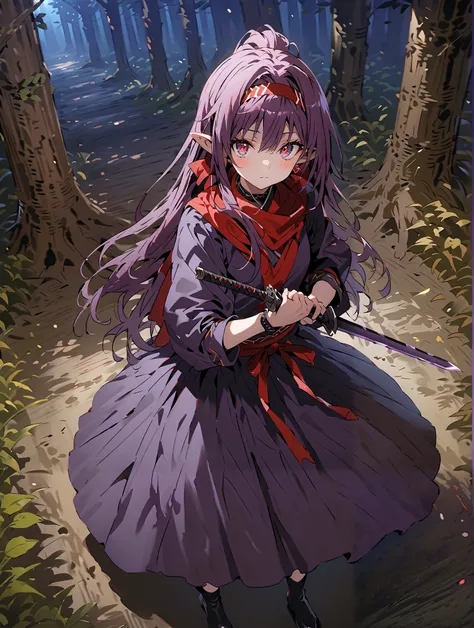 score_9, score_8_up, score_7_up,  source_anime,
 yuukiKonno, Konno Yuuki, Hairband, long hair, pointed ears, purple hair, stupid hair,Red Eyes,ponytail, Purple Kimono , purple speck , red scarf,boots,serious,is standing,
抜knife術の構え, viewers, holding, weapo...