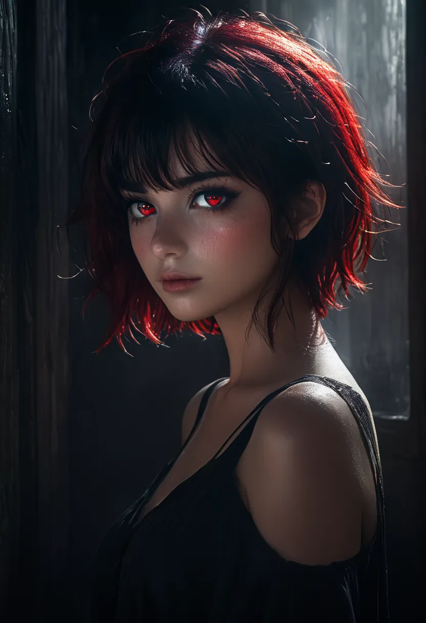 cute anime girl(Paulina Gaitans) with short black hair and red bangs , red eyes , (gloomy and dark atmosphere) , Soft natural light ,  faded colors  , sexy , Enjoyment , great quality , masterpiece , detailed fantasy backstory , better performance , 16K qu...