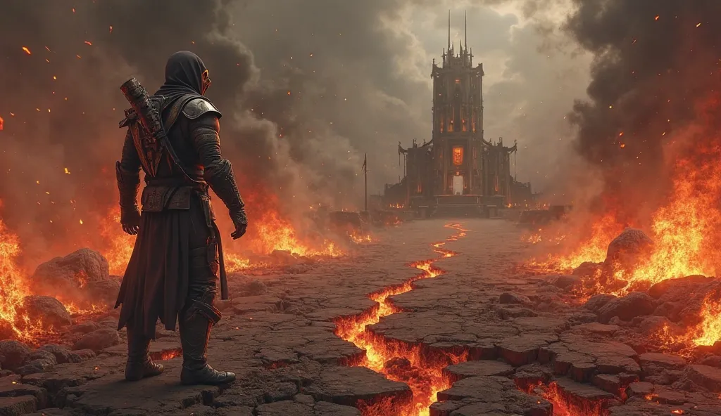 Mortal Kombat Scorpion in a dark, eerie battlefield engulfed in flames and smoke. The ground is cracked with lava glowing beneath, and ancient ruins of a Netherrealm temple stand in the distance. Ashes swirl through the air, creating a hellish atmosphere.