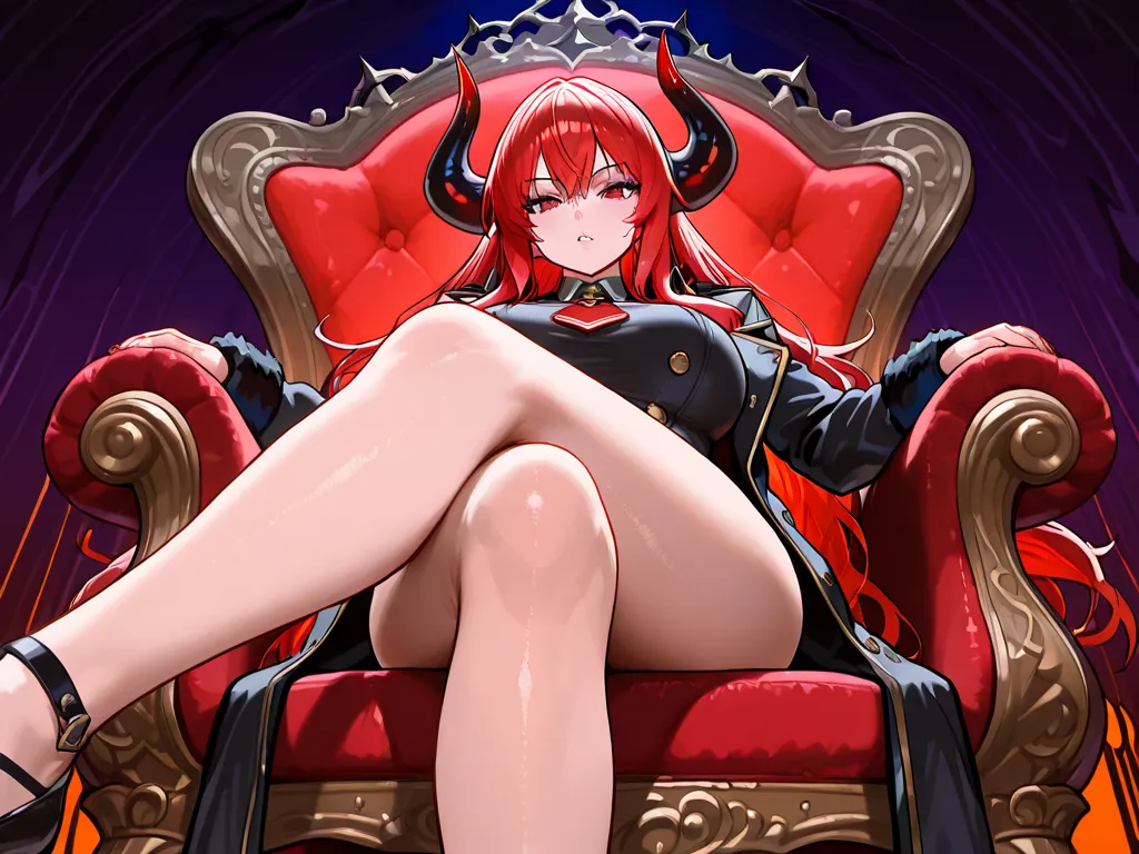 masterpiece, highest quality, A 17-year-old demon girl, (Curvy:1.2), 
with distorted demon horns,
very long hair,
messy hair,
wearing a demon coat with elaborate and extravagant details,
sitting haughtily in a large chair with her legs crossed,
inside the ...