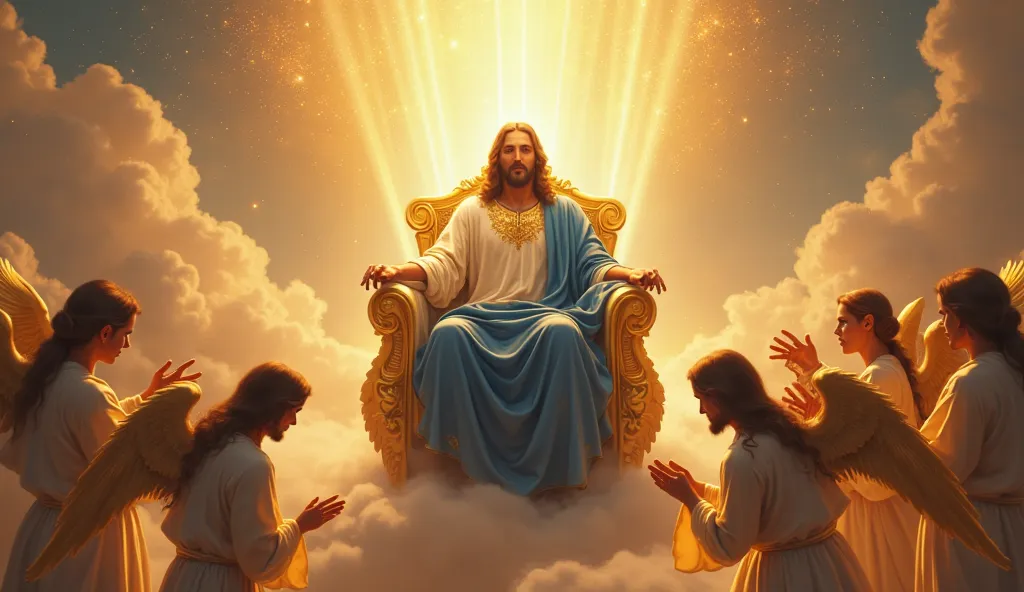 A divine, ultra-HD cinematic digital painting of Jesus Christ sitting on a majestic golden throne in the clouds, wearing a royal blue robe with golden embroidery. His face radiates peace and authority, surrounded by a glowing heavenly aura. Ethereal beams ...