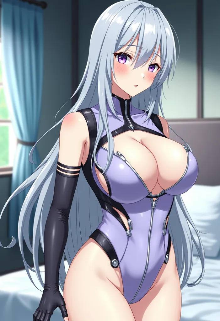 Adult woman has long silver hair, violet eyes and a blushed face with an embarrassed expression. She wears a fitted futuristic outfit in purple and black tones with openings and shiny details, in addition to long gloves. Her breasts are extremely large and...