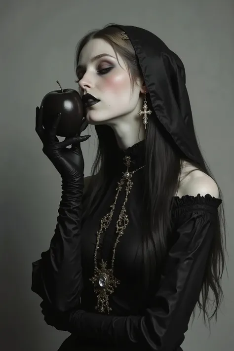 ((kissing black apple:1.5)),side view,fashion photography portrait,1 girl, solo,(closed eyes:1.3),feminine,award winning photograph, photorealistic,beautiful black eyes, sexy,wearing nun costume,cross earning ,thick black lips,depression,black hair,red ch...