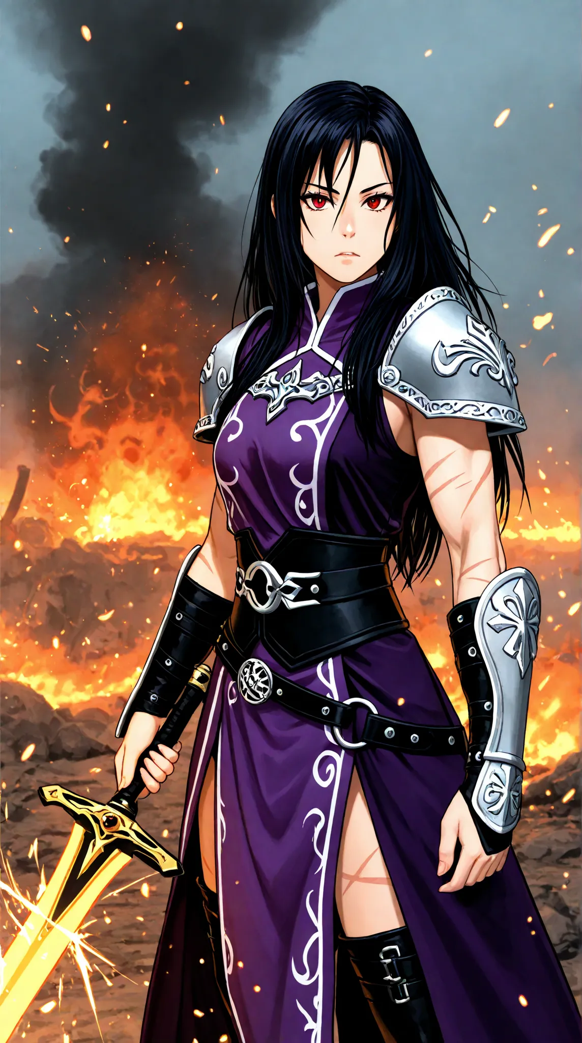 Masterpiece, Best Quality, Top Quality, Very Detailed, A fierce warrior woman with long, flowing black hair, clad in a battle-worn yet elegant purple outfit, wielding a blazing fiery sword. Her piercing red eyes burn with determination as embers swirl arou...