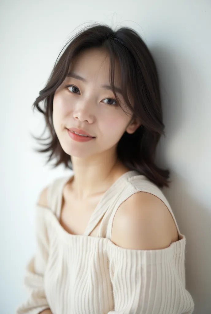 Japanese 35 year old female　background is a white wall