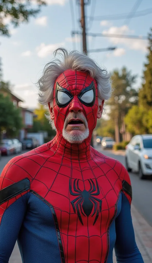 Spider-Man, appearing as an older adult male in his 60s or 70s, standing on a suburban street during the day with trees and houses in the background, under a clear sky with some clouds. He has gray, tousled hair visible through his mask and is wearing his ...