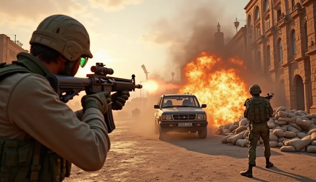 A first-person shooter battle in a Middle Eastern warzone. The player wields a heavy machine gun, firing as an explosion engulfs a vehicle. A soldier in green tactical gear takes cover behind sandbags near an ancient stone building. The warm sunset casts d...