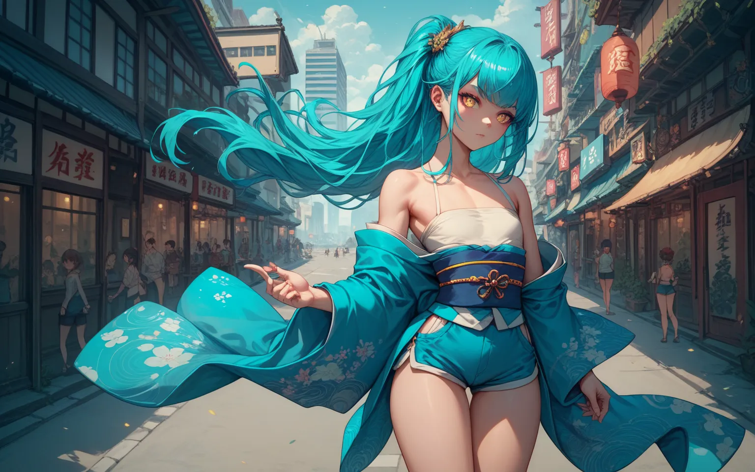 Aqua Blue Long Haired ，Golden pupil，Flat chest， Bare shoulder ，Kimono top， Bare Waist ， Skinny Shorts ， Bare Thighs，Thin legs，City，High Resolution, Best Quality, Small individuals， stands，Bangs, 