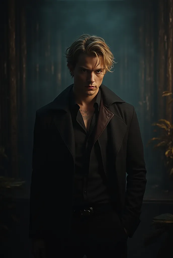 Imagine Victor, seated in the depths of shadow, a figure carved from the very fabric of the night. His medium-blond hair, layered and tousled, catches the faintest glimmer of unseen light, an omen of what’s to come. The room sways in silence—waiting, watch...