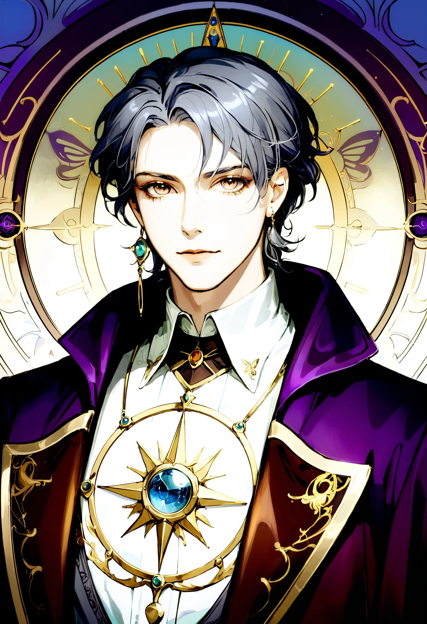 (absurdres, highres, ultra detailed), 1 Male ager (17-18), Youthful face, Medium-length Gray hair, Brown eyes, Looking at the camera, Aristocratic, Regal, Elegant, Wearing a high-collared coat with intricate gold embroidery, Deep rich colors, Vibrant light...