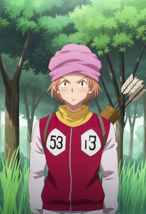 score_9, score_8_up, score_7_up, source_anime, rating_safe, intricate details, anime screencap, anime coloring, official style, looking at viewer, 1boy, solo, male focus, pokkle_hxh, brown hair, brown eyes, short hair, hat, arrow, \(projectile\), outdoors,...