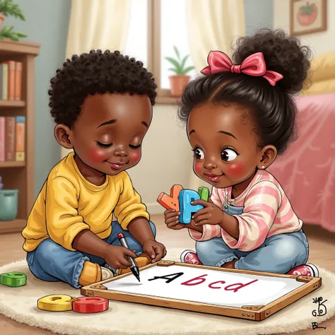 Two Nigerian toddlers, a boy and a girl, are engaged in an early learning activity in a cozy indoor setting. The boy, sitting or kneeling on the floor, is holding a small marker and carefully writing an alphabet letter on a -sized whiteboard. His expressio...