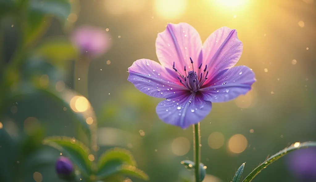 draw a picture of a purple flower for this haiku: " Sweet Dew ,  While I bow to the flowers ,  the light is shining "