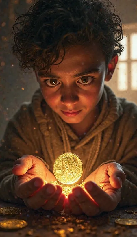 "Riaz holding the coin in his hands, looking at it with amazement and excitement, thinking about his fortune."