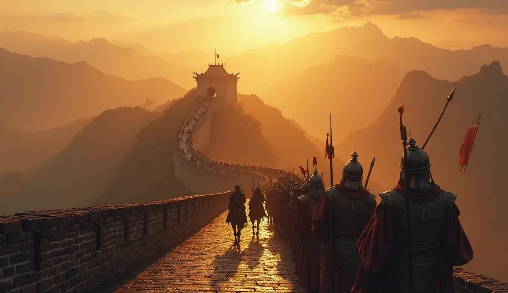 "A majestic and cinematic digital painting of the Great Wall of China winding through misty mountains, bathed in the golden glow of sunrise. In the foreground, ancient Chinese soldiers in traditional armor stand guard on the wall, holding long spears and b...