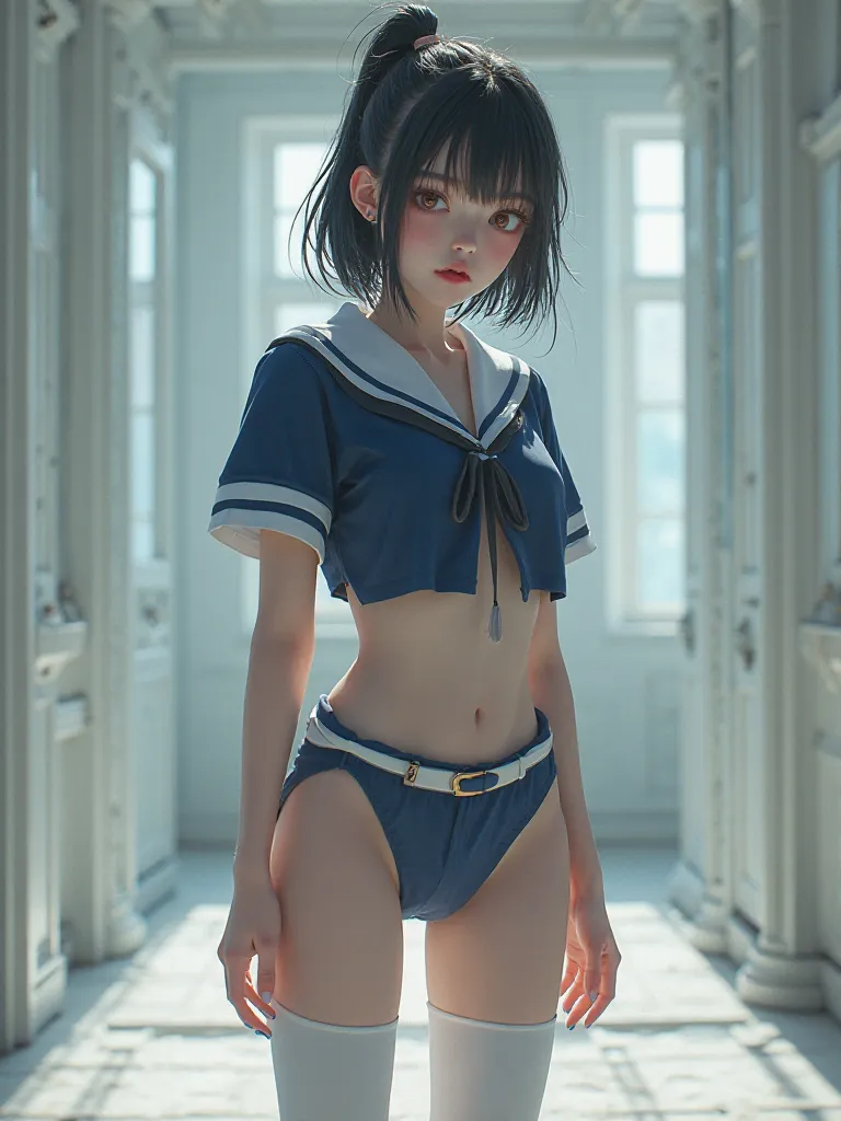 high quality,4K,8k,in white for summer very detailed,photo-like realism,HDR,UHD,studio lighting,Extreme Details,professional,vivid colors, bokeh effects ,３girl,The lower body is a navy blue high-leg racing bloomer,High school girl brainwashed and controlle...