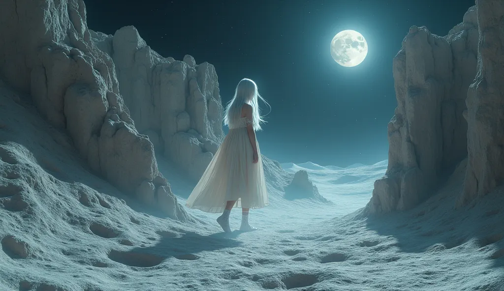 Silver-haired woman with snow-colored socks knocked over a rock wall and stepped out of the lunar wheel