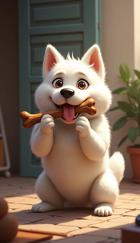 a white cocky dog is gnawing on a bone