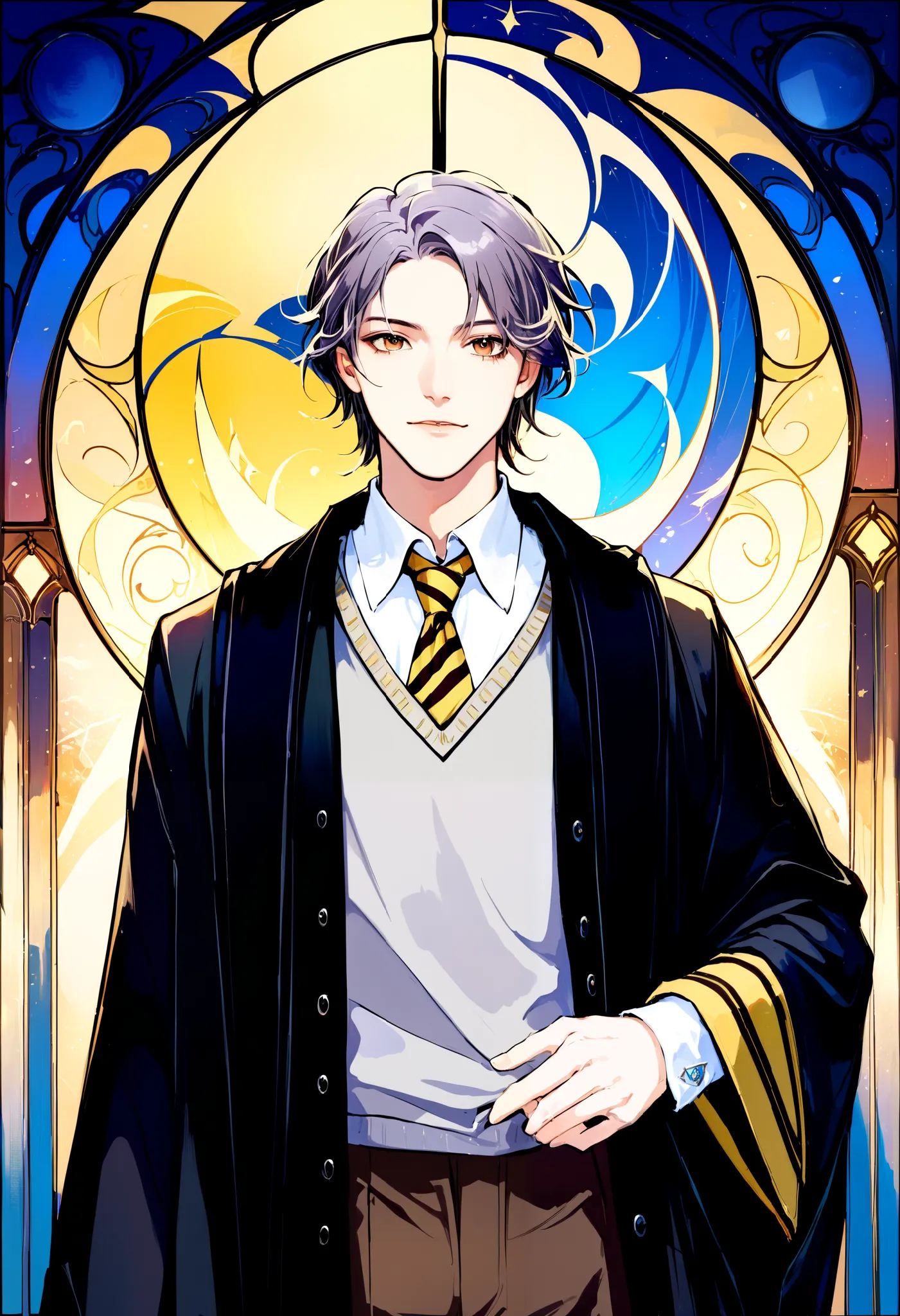 (absurdres, highres, ultra detailed), 1 Male ager (17-18), Youthful face, Medium-length Gray hair, Brown eyes, Looking at the camera, Wearing a Hogwarts uniform, Black robe with Hufflepuff emblem, White collared shirt, Tie in house colors, V-neck sweater, ...