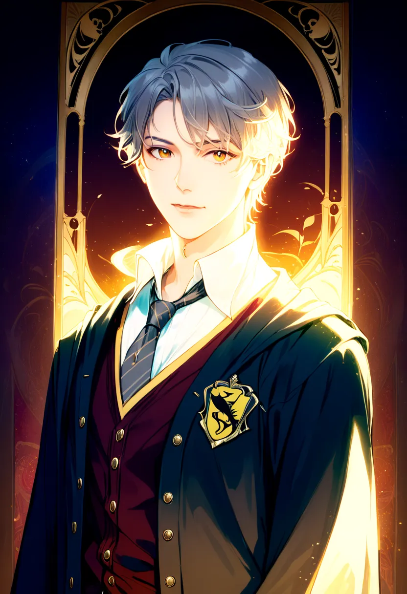 (absurdres, highres, ultra detailed), 1 Male ager, Youthful face, Medium-length Gray hair, Brown eyes, Looking at the camera, Wearing a Hogwarts uniform, Black robe with Hufflepuff emblem, White collared shirt, Tie in house colors, V-neck sweater, Wizard a...