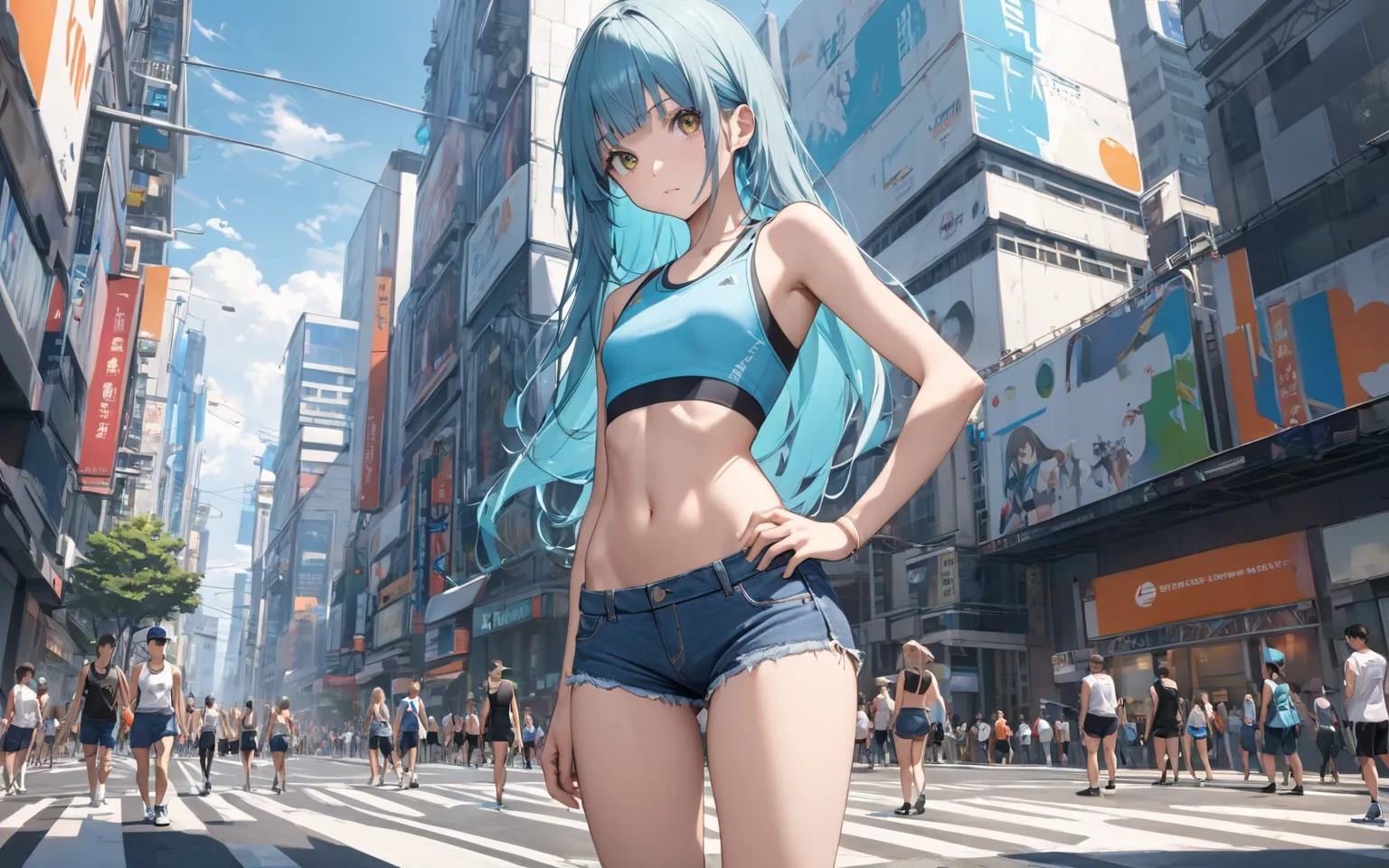 Aqua Blue Long Haired ，Golden pupil，Flat chest， Bare shoulder ，sports bra， Bare Waist ，Denim Shorts， Bare Thighs，Thin legs，City，High Resolution, Best Quality, Small individuals，Bangs,  stands