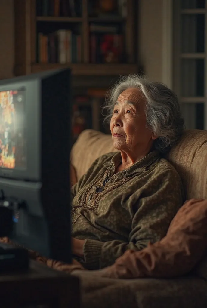 Photo of a white Indonesian age woman relaxing on a sofa while watching TV 