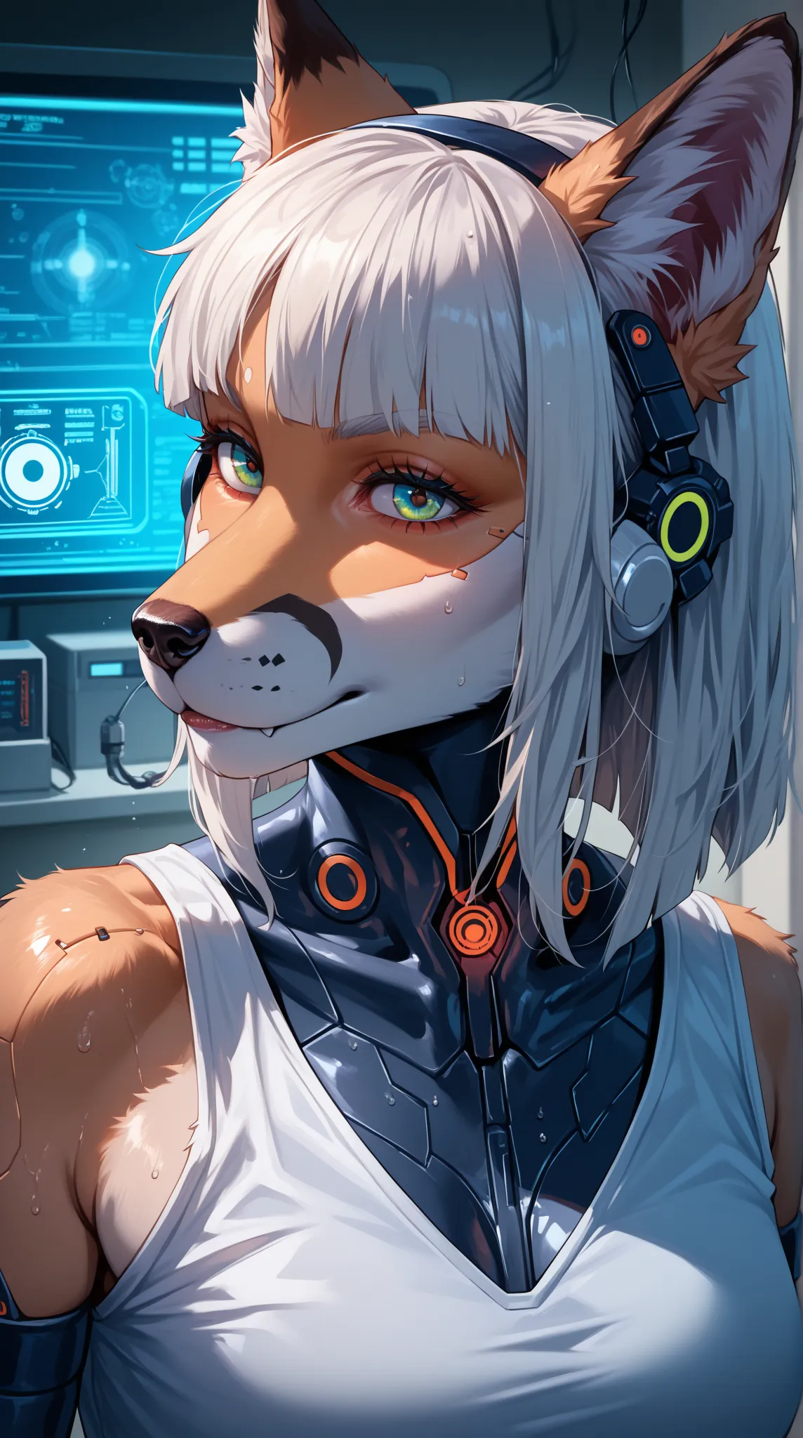 Furry, cyborg, Fox girl, sitzt in einem labor, High-quality photo, photorealistic, 4K,  ultra high resolution , highly detailed, Extremely photorealistic, physically based, professional, bright colors get wet, bokeh,  futuristic, cyberpunk, labor, scientif...